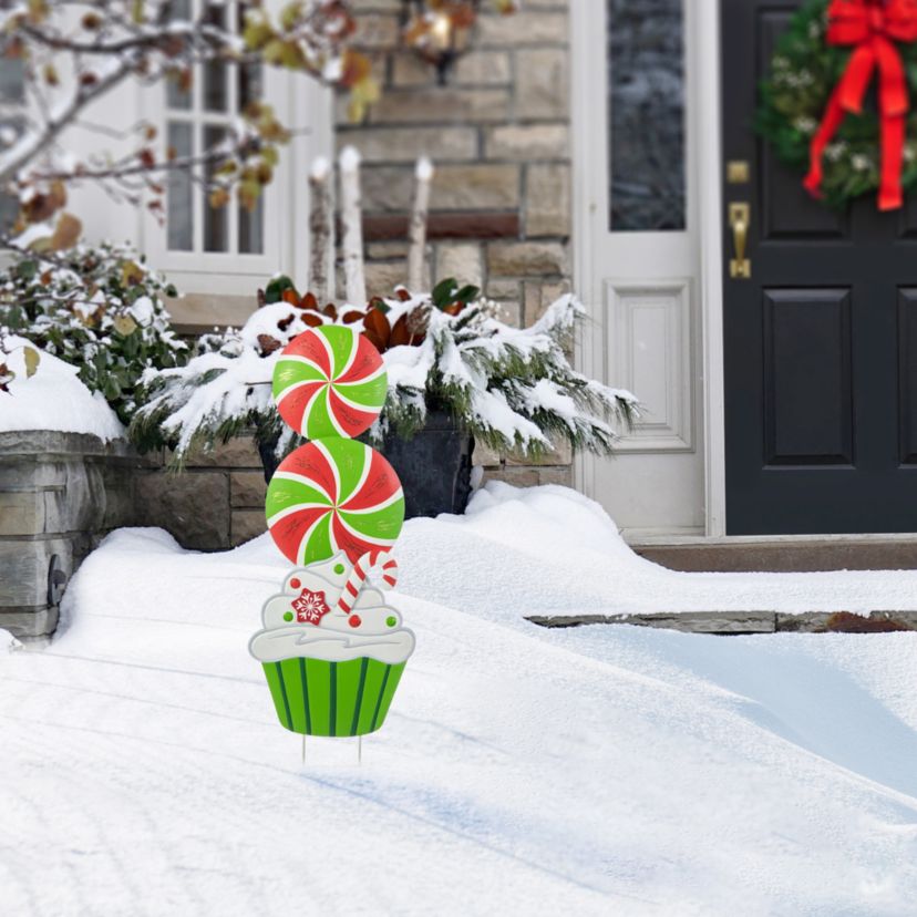36.25"H Christmas Metal Peppermint and Cupcake Yard Stake (KD)