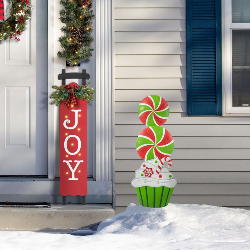 36.25"H Christmas Metal Peppermint and Cupcake Yard Stake (KD)