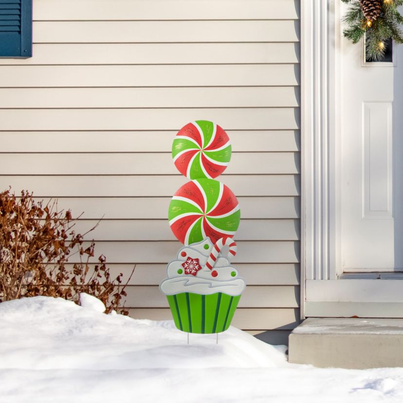 36.25"H Christmas Metal Peppermint and Cupcake Yard Stake (KD)
