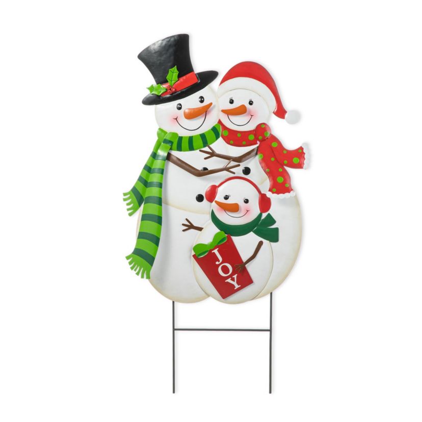 30"H Christmas Metal Snowman Family Yard Stake or Standing Décor or Hanging Décor (KD, Three Function)