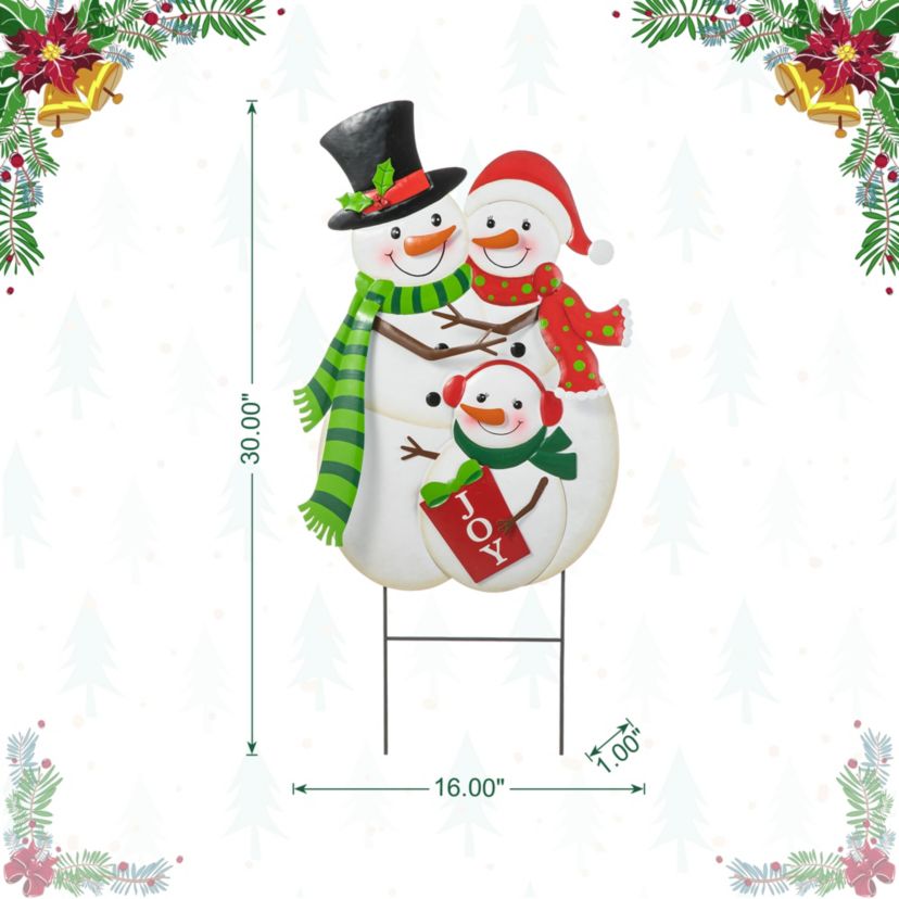 30"H Christmas Metal Snowman Family Yard Stake or Standing Décor or Hanging Décor (KD, Three Function)