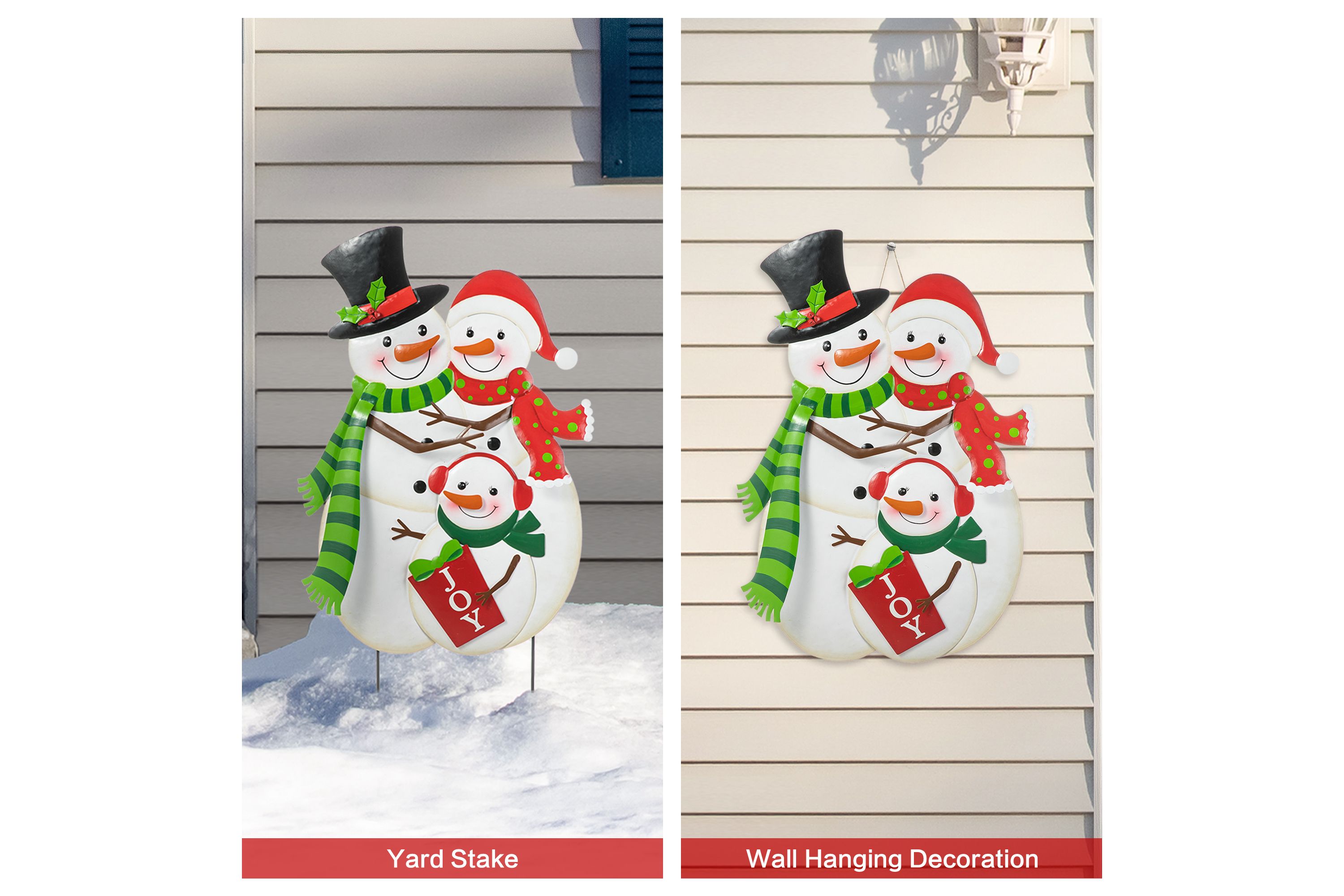 30"H Christmas Metal Snowman Family Yard Stake or Standing Décor or Hanging Décor (KD, Three Function)