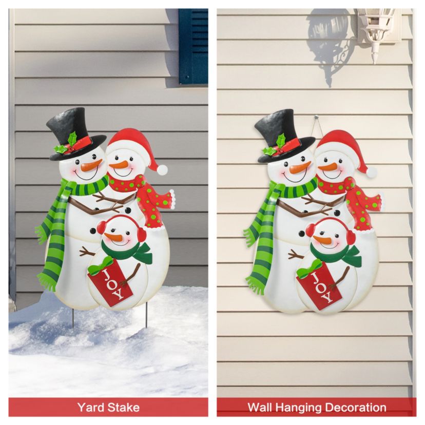 30"H Christmas Metal Snowman Family Yard Stake or Standing Décor or Hanging Décor (KD, Three Function)