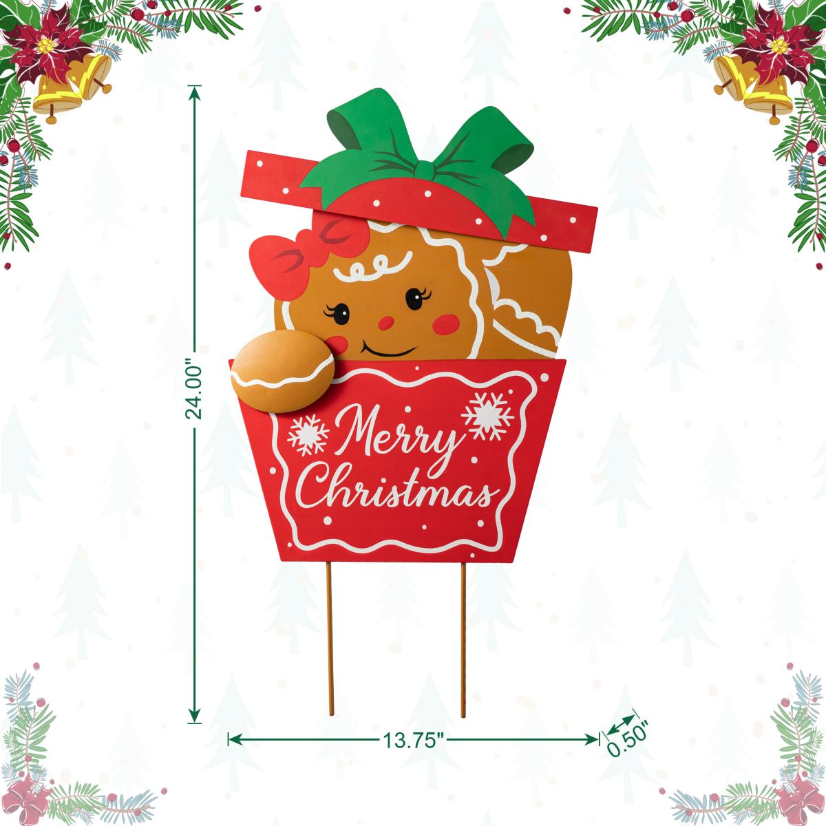 24"H Christmas Metal Gingerbread Giftbox Yard Stake or Standing Decor or Wall Decor (KD, Three Function)