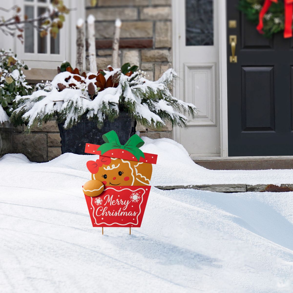 24"H Christmas Metal Gingerbread Giftbox Yard Stake or Standing Decor or Wall Decor (KD, Three Function)