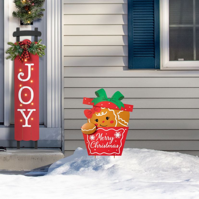 24"H Christmas Metal Gingerbread Giftbox Yard Stake or Standing Decor or Wall Decor (KD, Three Function)