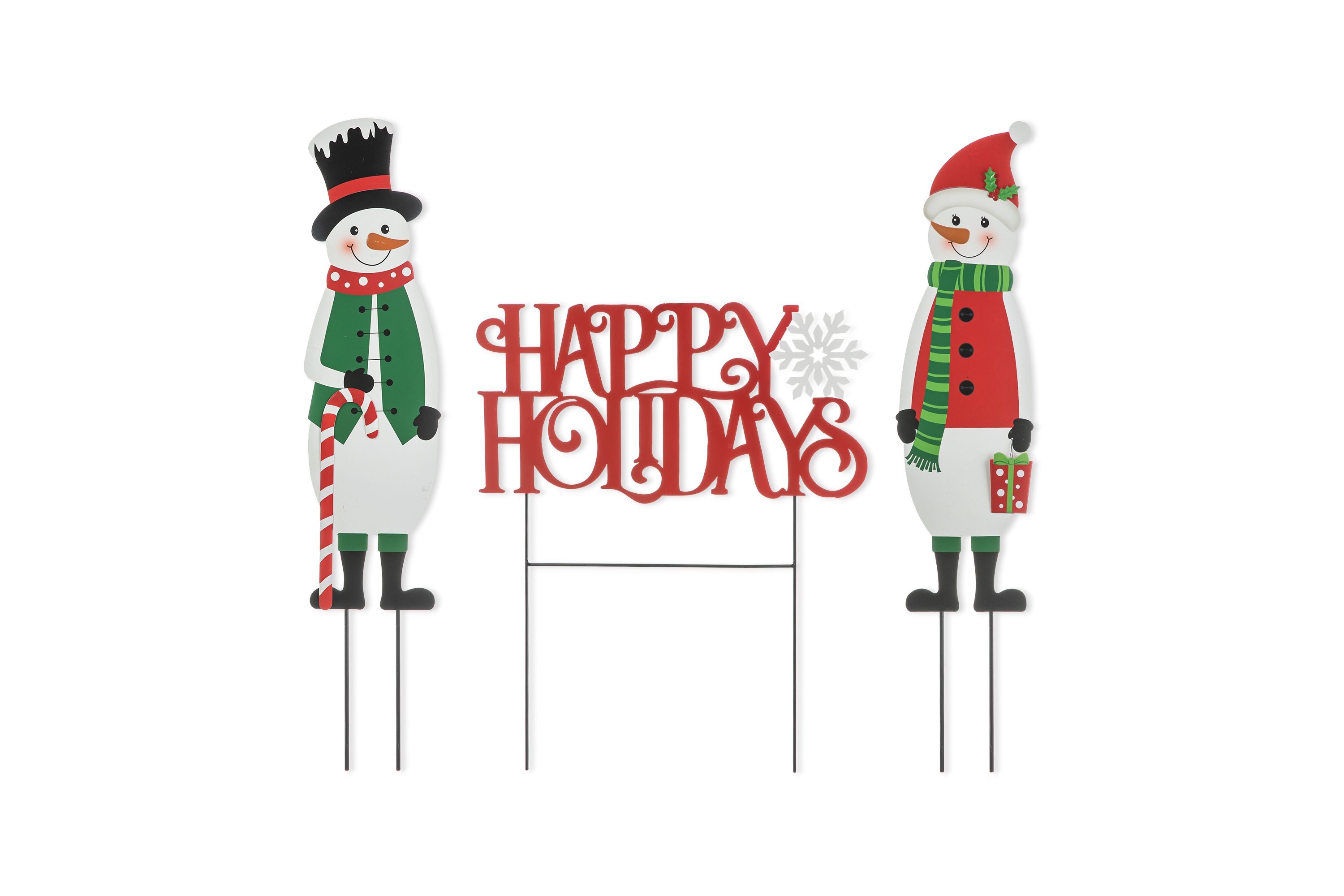 32"H Set of 3 Christmas Metal Snowman and HAPPY HOLIDAYS Yard Stake (KD)