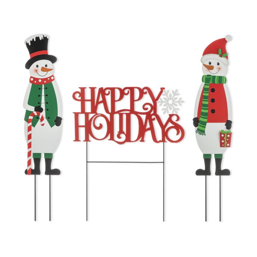 32"H Set of 3 Christmas Metal Snowman and HAPPY HOLIDAYS Yard Stake (KD)