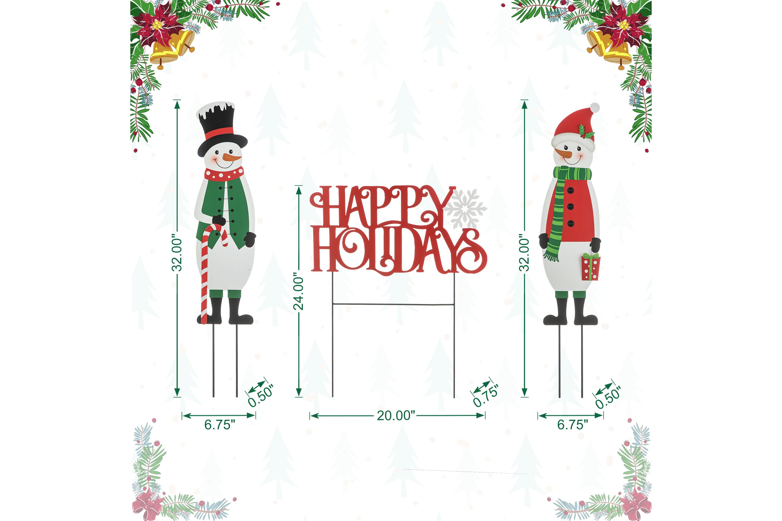 32"H Set of 3 Christmas Metal Snowman and HAPPY HOLIDAYS Yard Stake (KD)