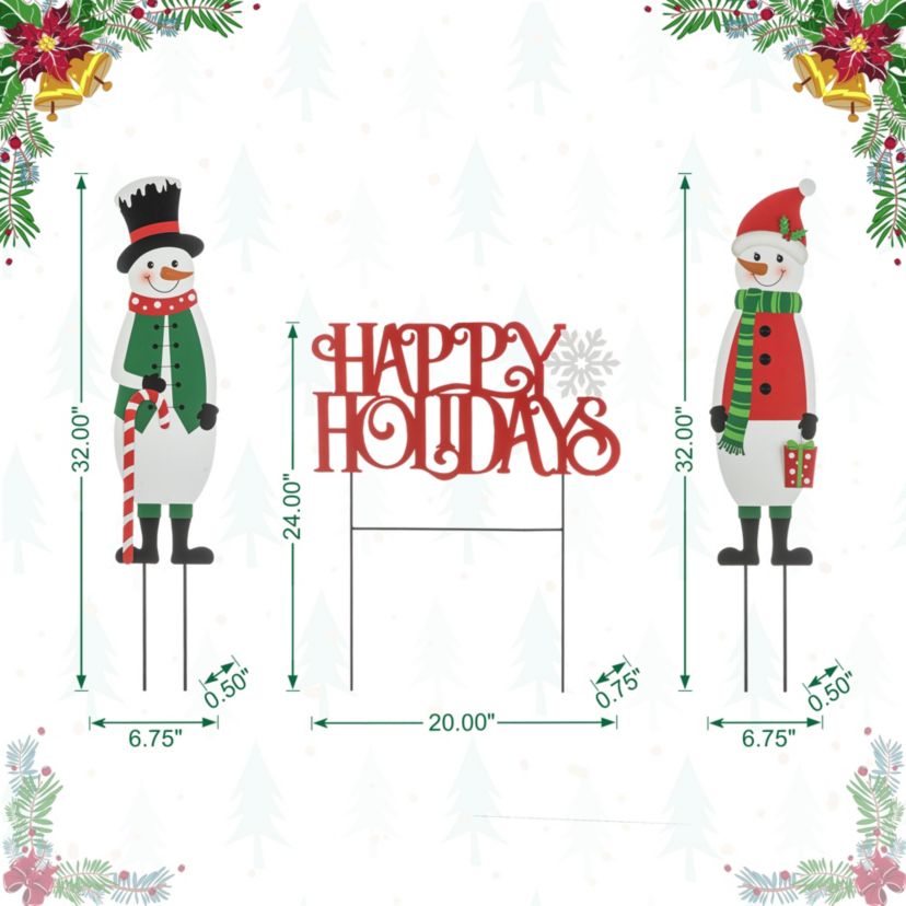 32"H Set of 3 Christmas Metal Snowman and HAPPY HOLIDAYS Yard Stake (KD)