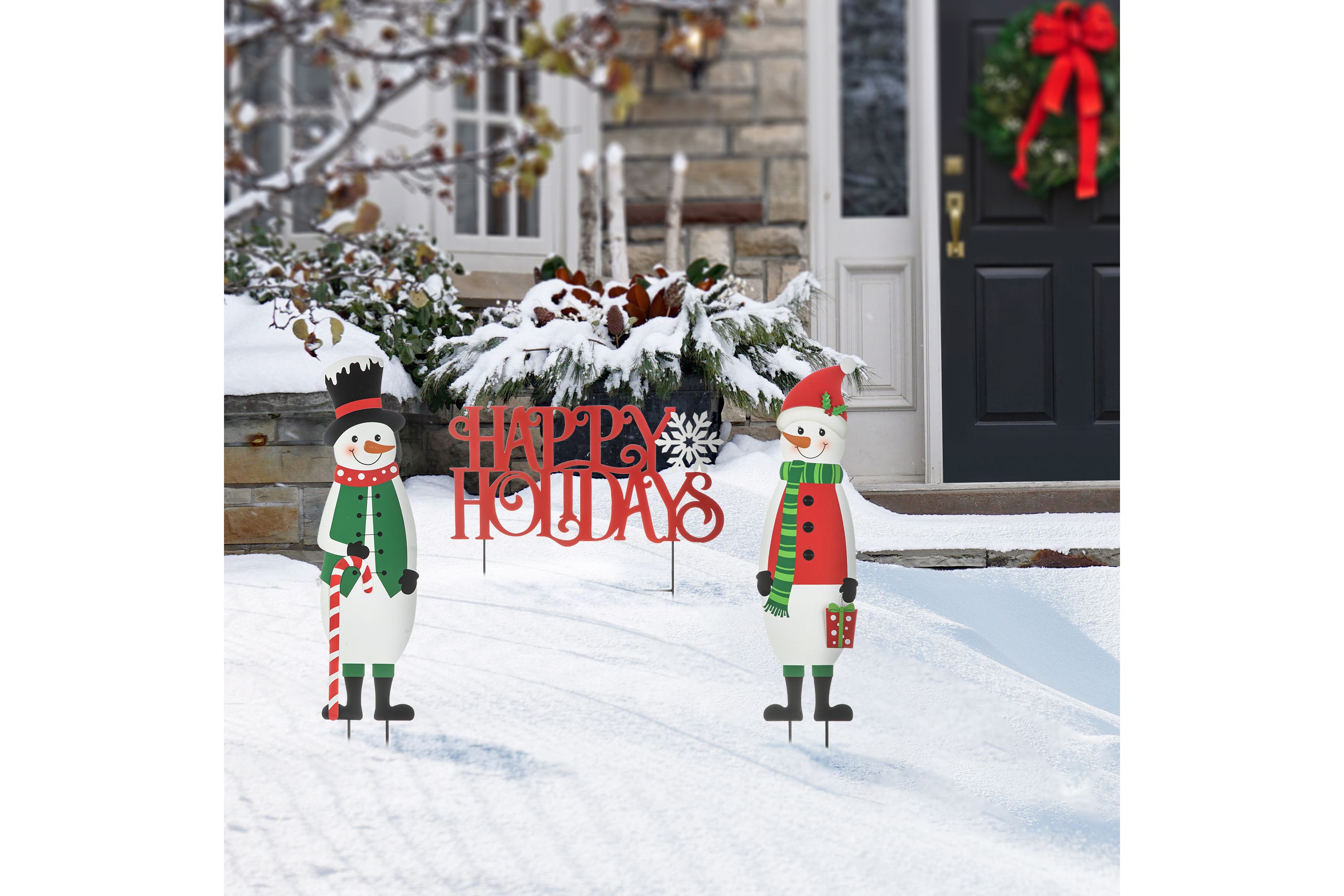 32"H Set of 3 Christmas Metal Snowman and HAPPY HOLIDAYS Yard Stake (KD)