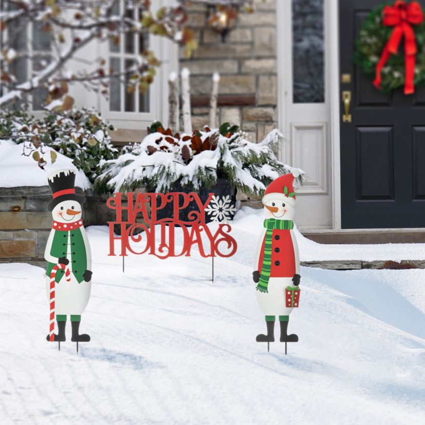 32"H Set of 3 Christmas Metal Snowman and HAPPY HOLIDAYS Yard Stake (KD)