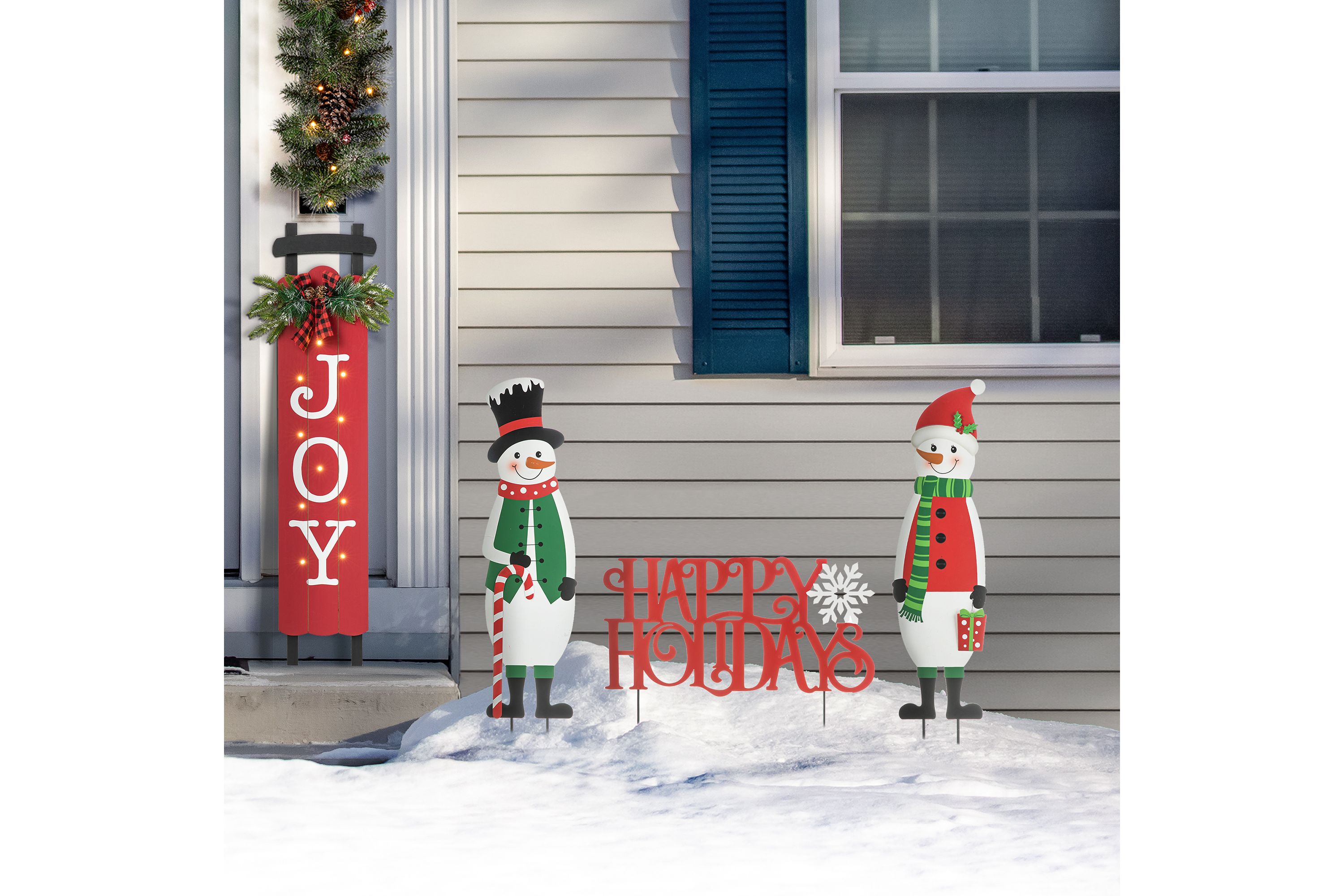 32"H Set of 3 Christmas Metal Snowman and HAPPY HOLIDAYS Yard Stake (KD)