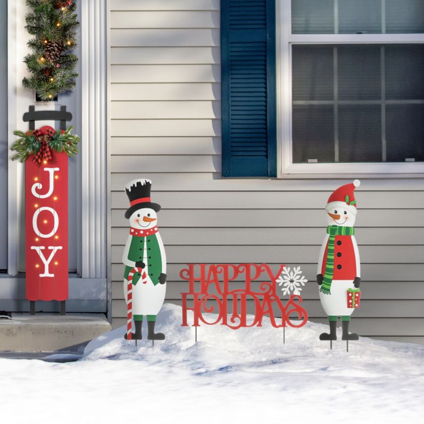 32"H Set of 3 Christmas Metal Snowman and HAPPY HOLIDAYS Yard Stake (KD)