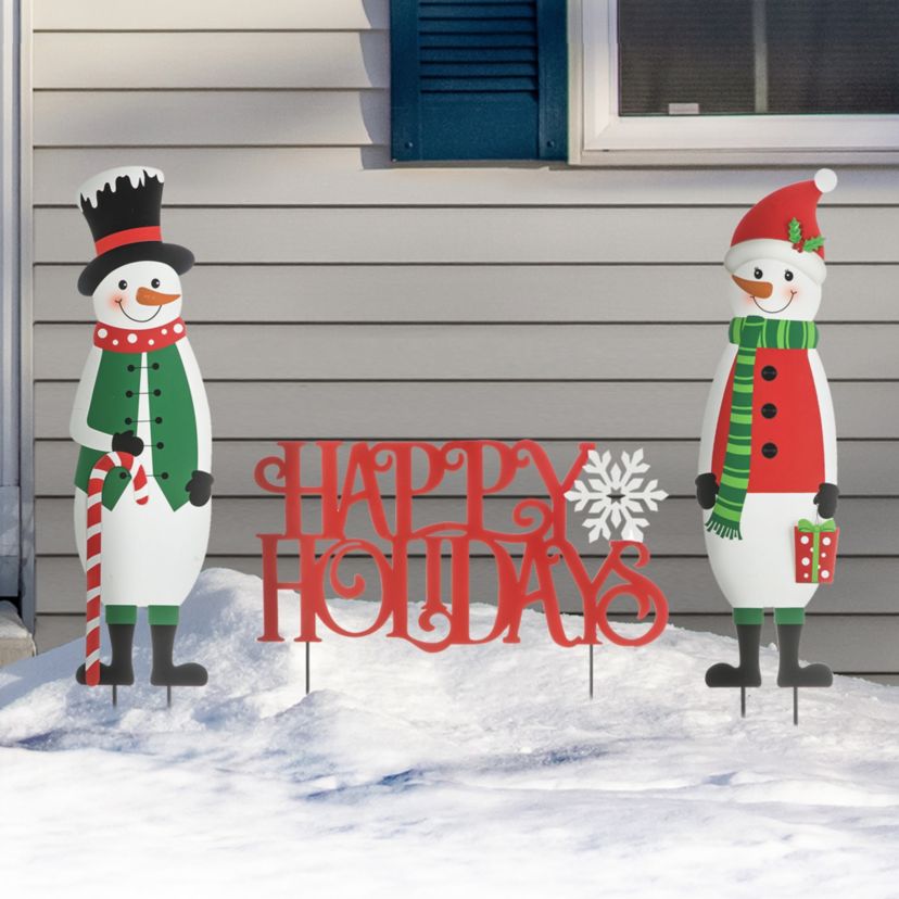 32"H Set of 3 Christmas Metal Snowman and HAPPY HOLIDAYS Yard Stake (KD)