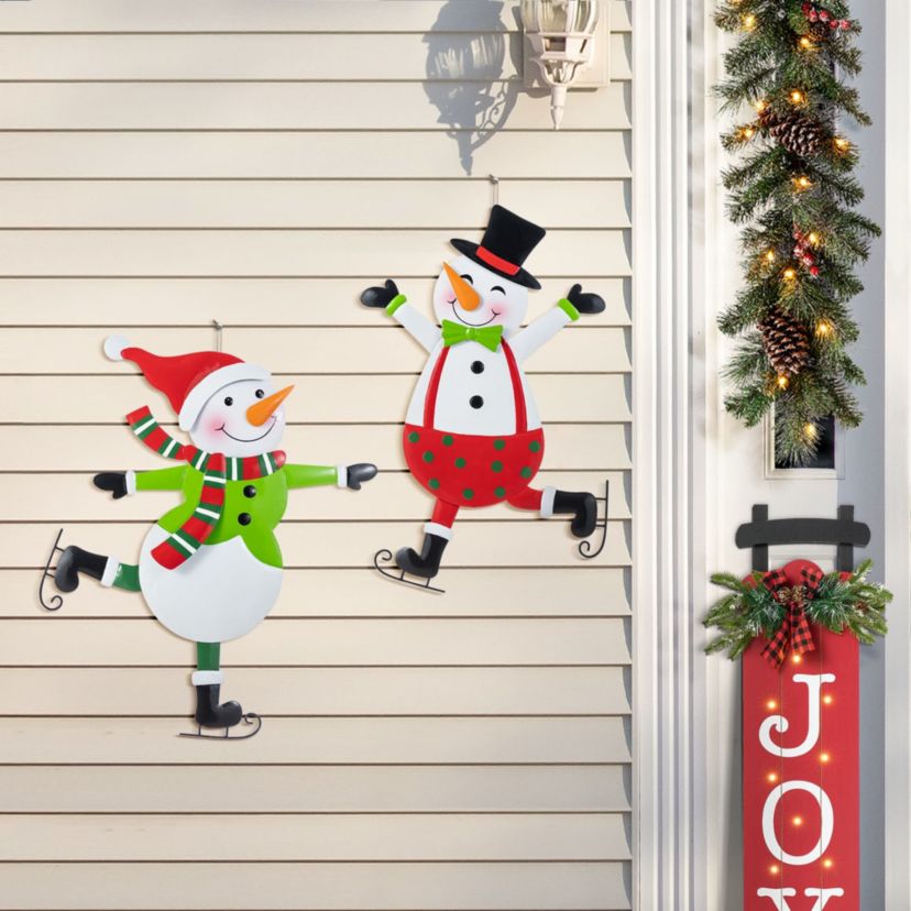 S/2 36"H Metal Christmas Skiing Snowmen Yard Stake(KD)