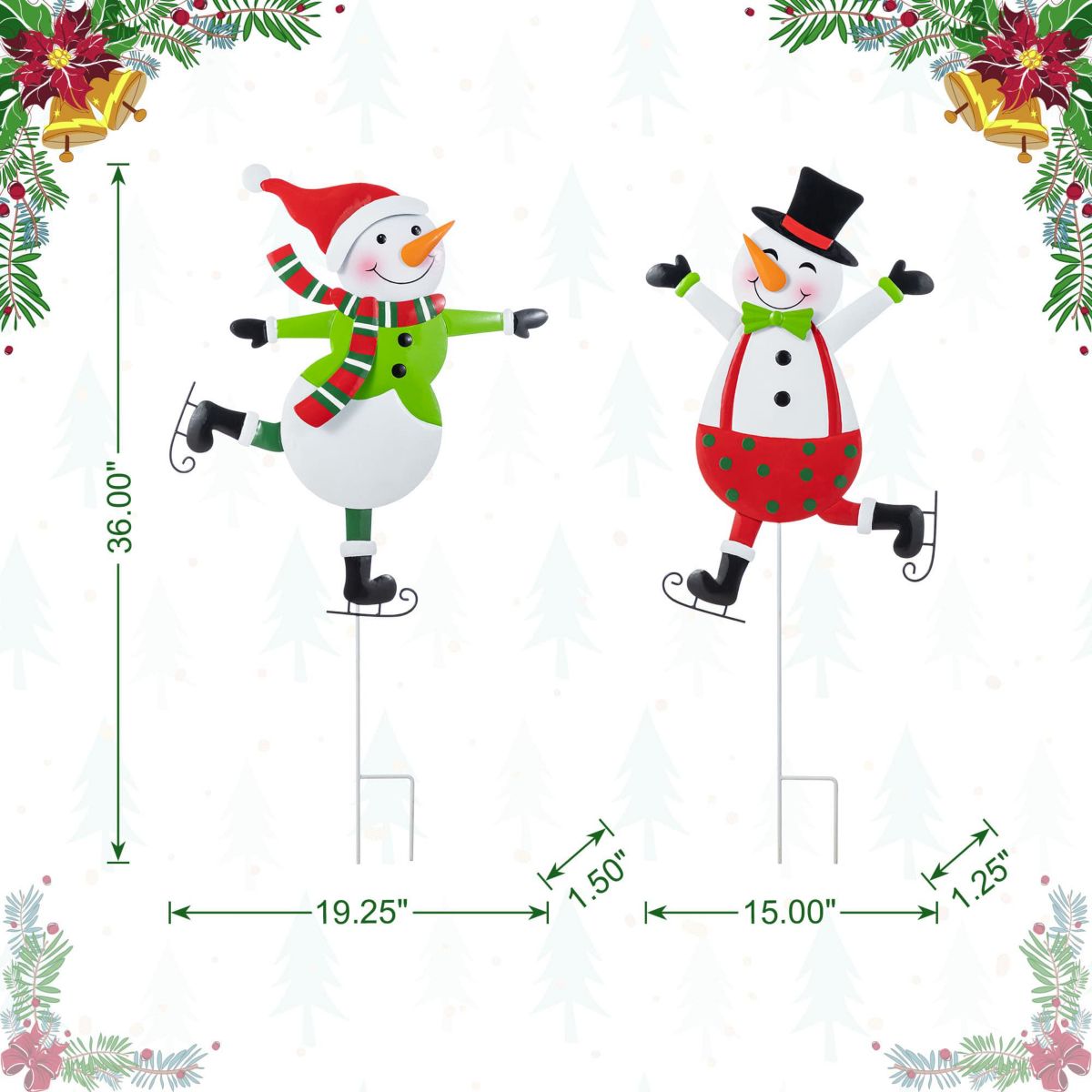 S/2 36"H Metal Christmas Skiing Snowmen Yard Stake(KD)