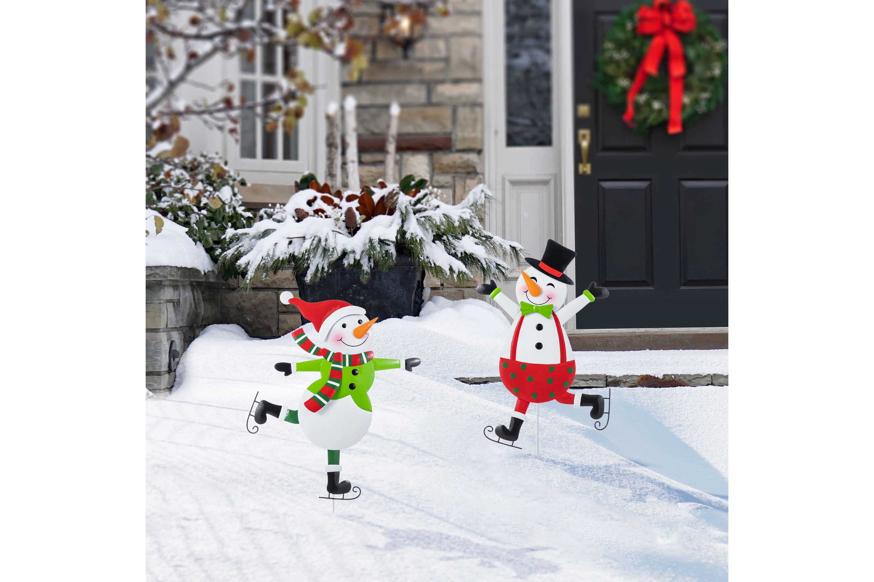S/2 36"H Metal Christmas Skiing Snowmen Yard Stake(KD)