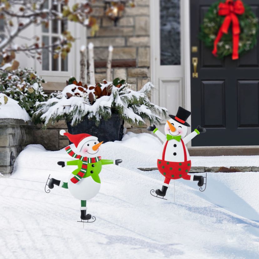 S/2 36"H Metal Christmas Skiing Snowmen Yard Stake(KD)
