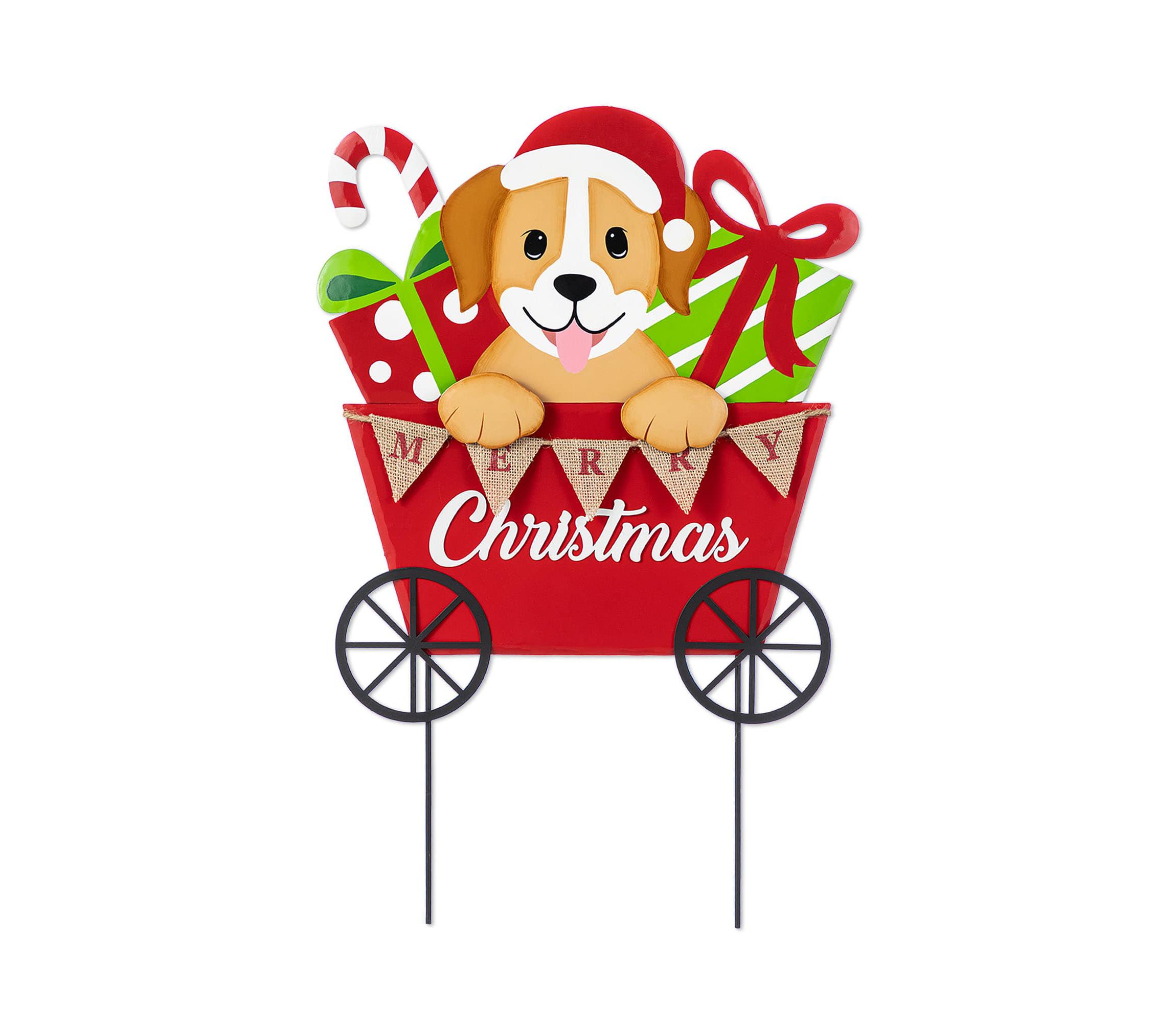24"H Metal Christmas Dog and Gift Cart Yard Stake(KD)