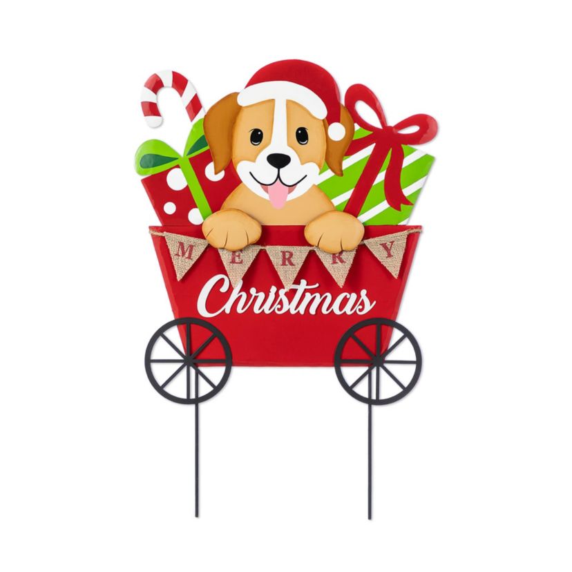 24"H Metal Christmas Dog and Gift Cart Yard Stake(KD)