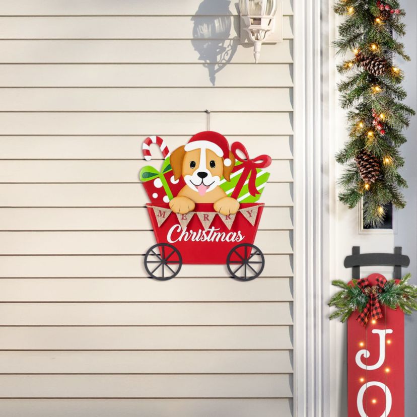24"H Metal Christmas Dog and Gift Cart Yard Stake(KD)