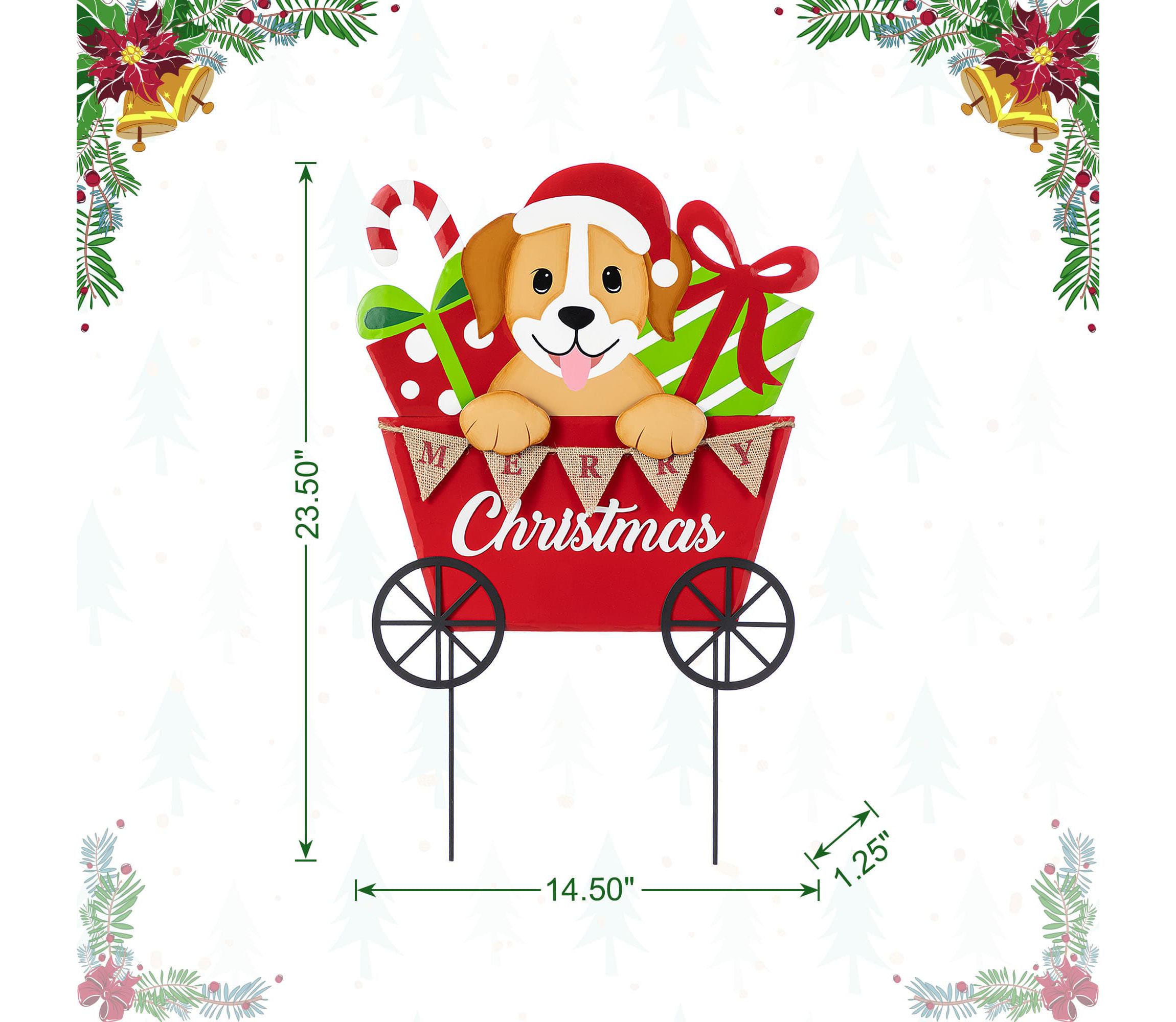 24"H Metal Christmas Dog and Gift Cart Yard Stake(KD)