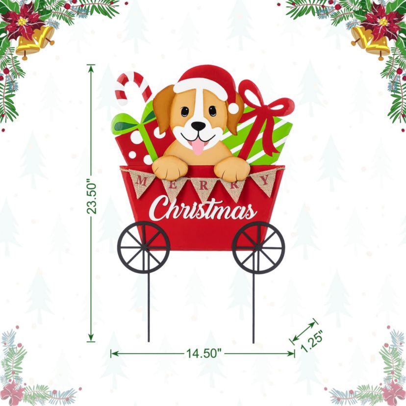 24"H Metal Christmas Dog and Gift Cart Yard Stake(KD)