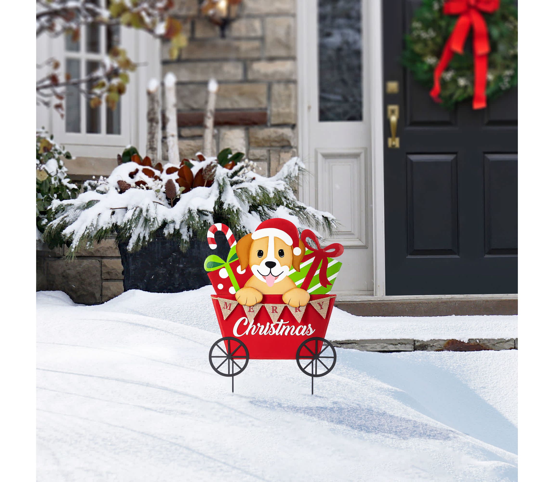 24"H Metal Christmas Dog and Gift Cart Yard Stake(KD)