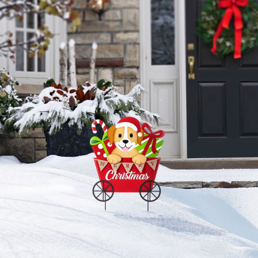 24"H Metal Christmas Dog and Gift Cart Yard Stake(KD)