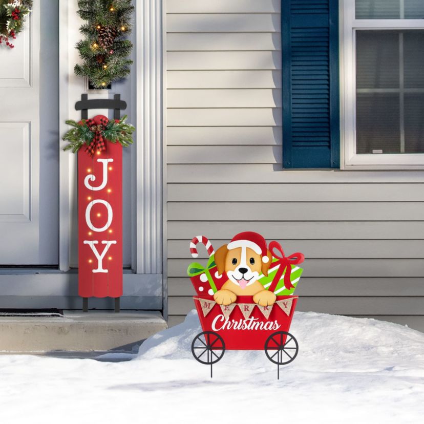 24"H Metal Christmas Dog and Gift Cart Yard Stake(KD)