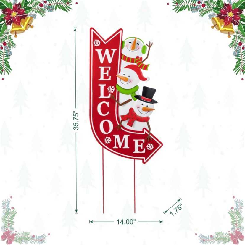 35.75"H Metal Christmas Snowmen Arrow Welcome Yard Stake(KD)