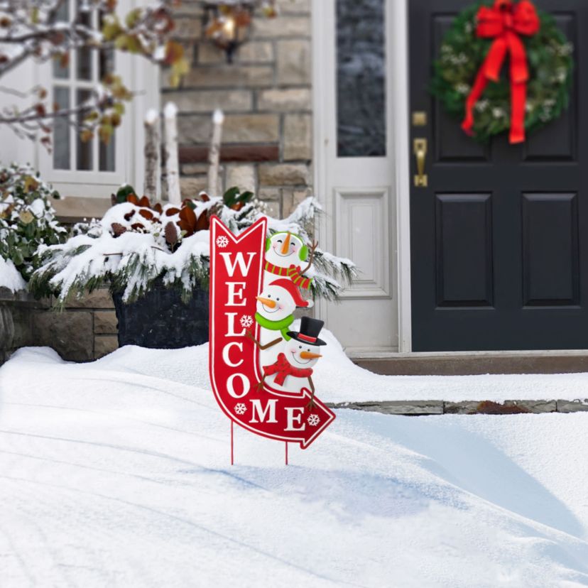 35.75"H Metal Christmas Snowmen Arrow Welcome Yard Stake(KD)
