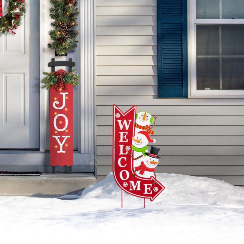 35.75"H Metal Christmas Snowmen Arrow Welcome Yard Stake(KD)
