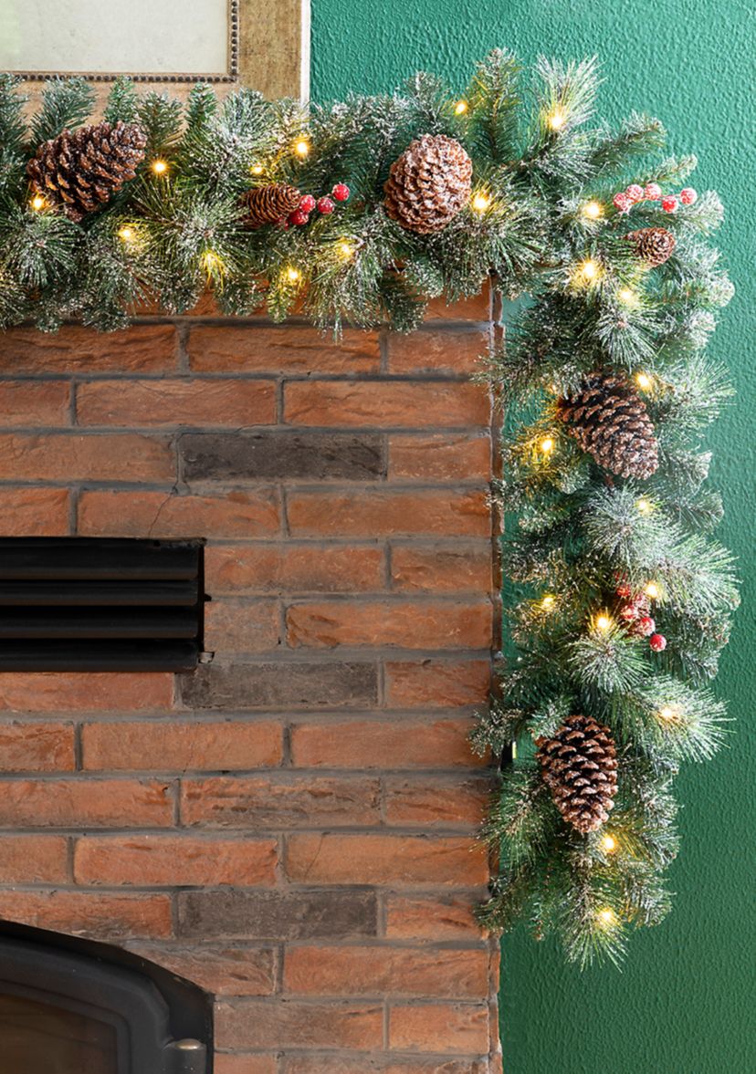 Pre-Lit Glittered Pine Cone Christmas Garland with Warm White LED Lights