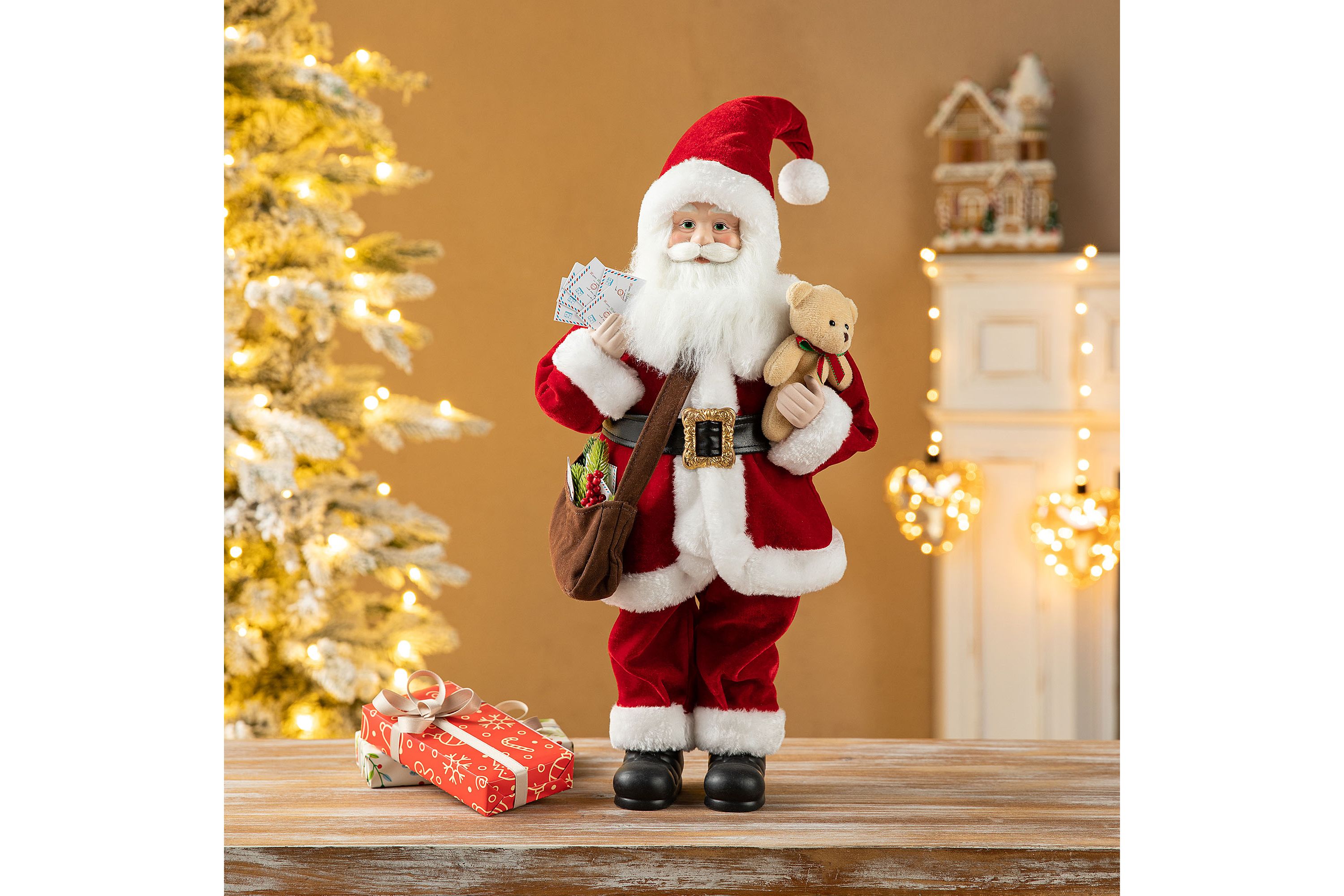 18"H Faux Fur Christmas Mail Santa Figurine with Porcelain Face