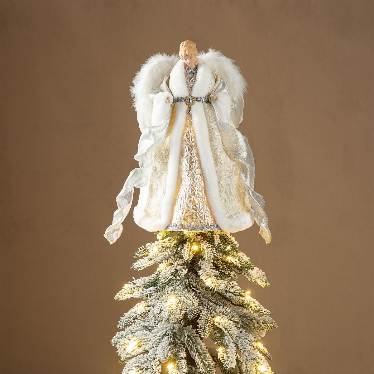 16"H Faux Fur & PVC Christmas Elegant Angel Tree Top