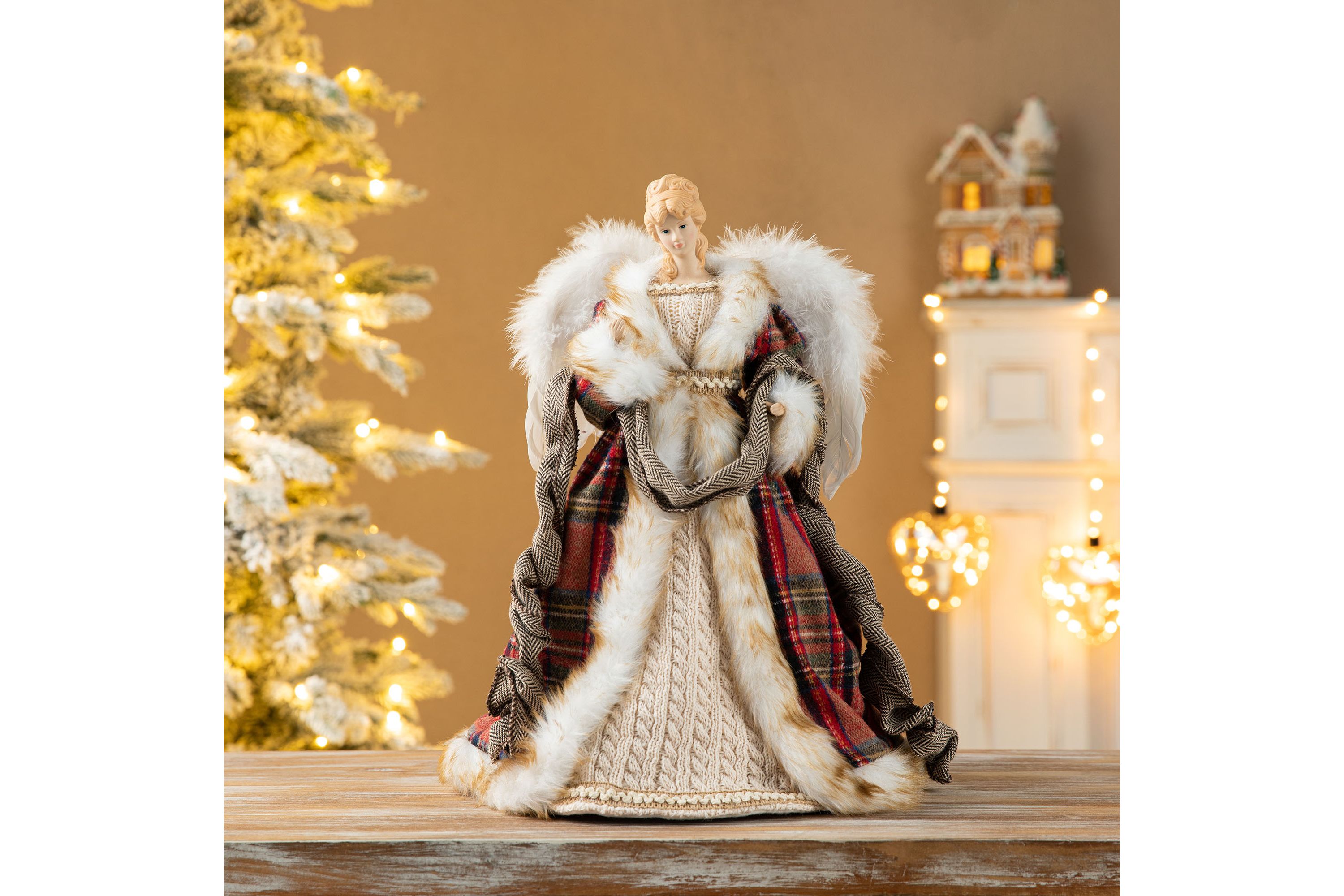 16"H Faux Fur & PVC Christmas Woodland Angel Tree Top