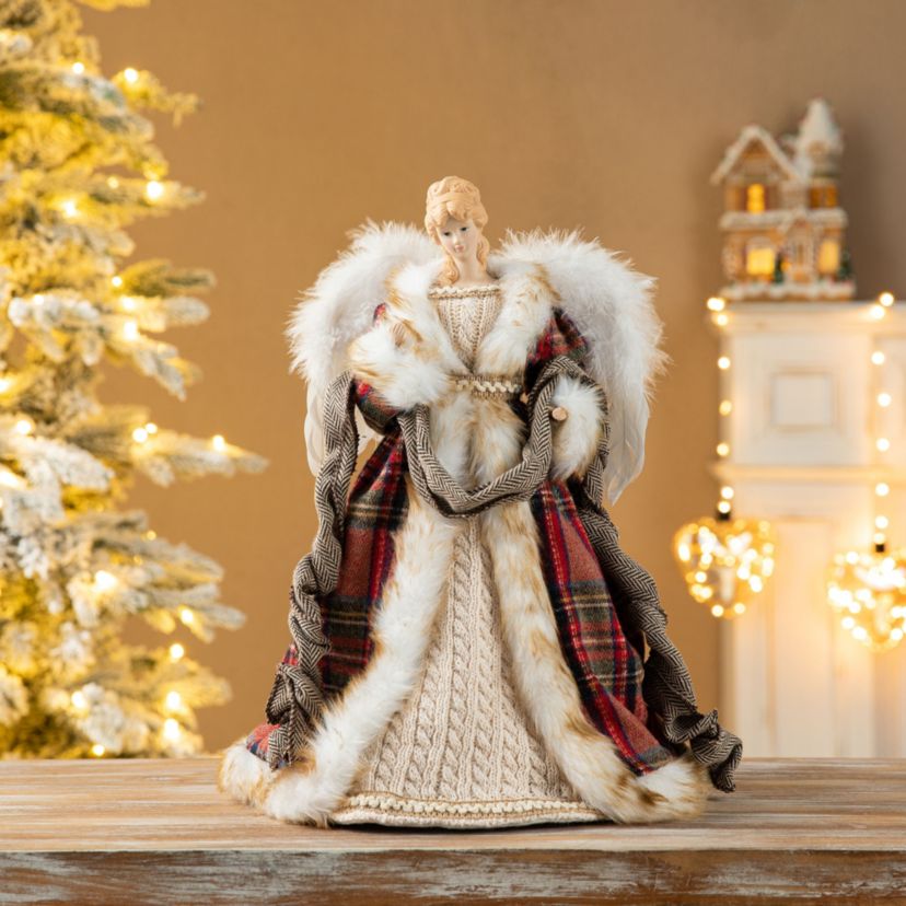 16"H Faux Fur & PVC Christmas Woodland Angel Tree Top