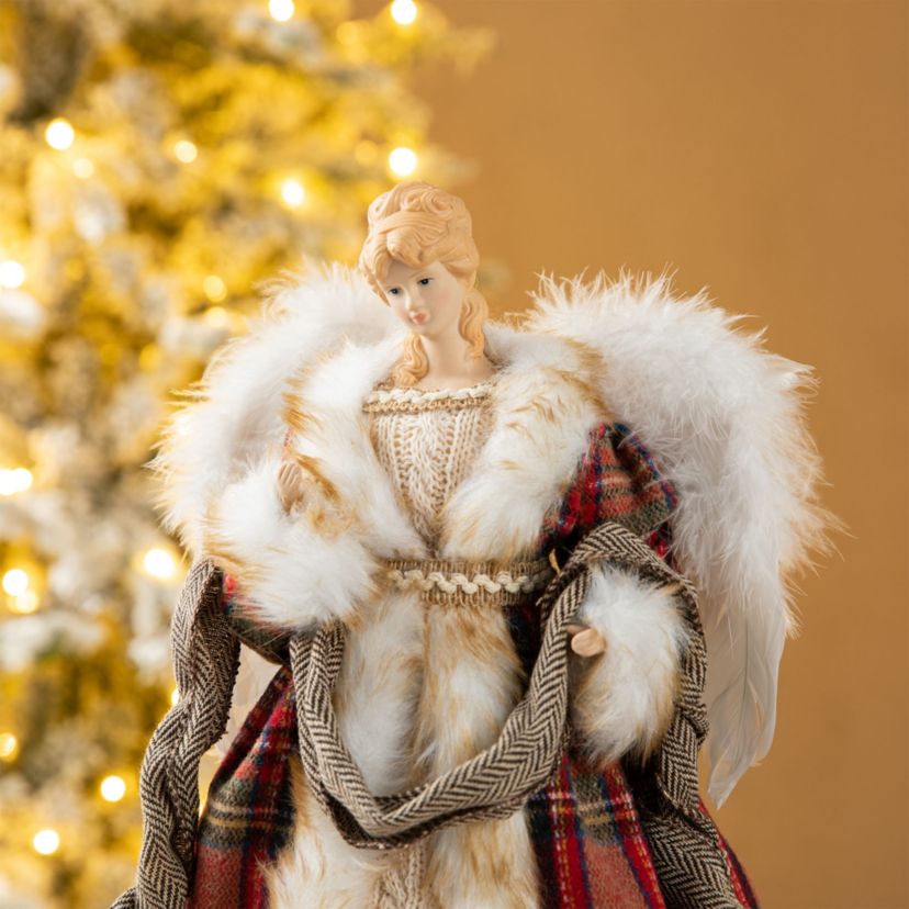 16"H Faux Fur & PVC Christmas Woodland Angel Tree Top