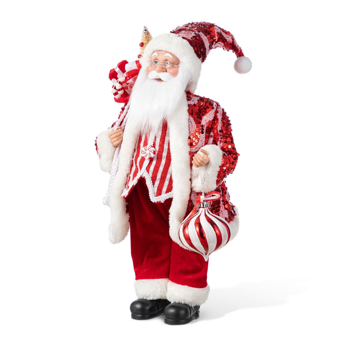 18"H Faux Fur Christmas Peppermint Santa Figurine