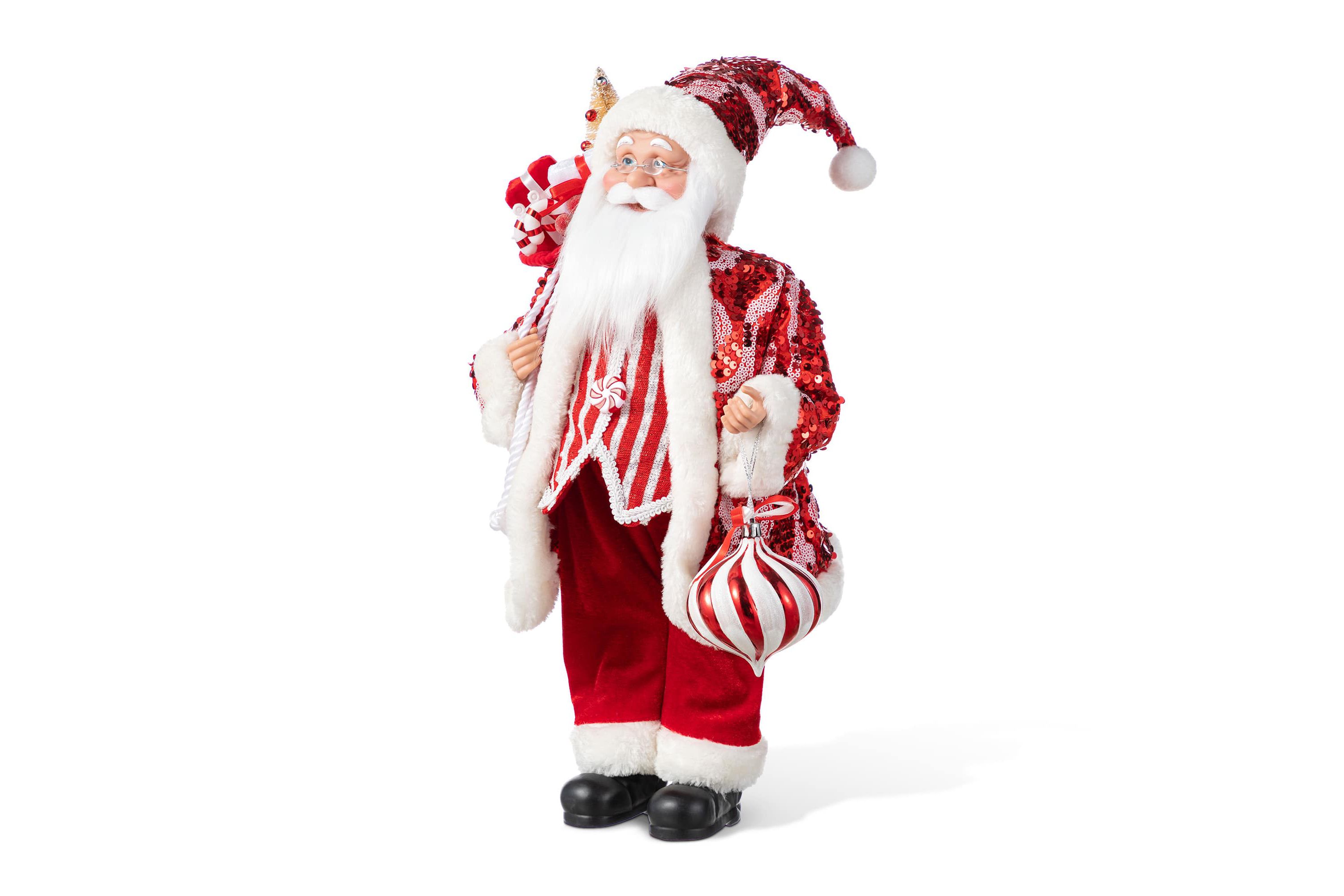 18"H Faux Fur Christmas Peppermint Santa Figurine