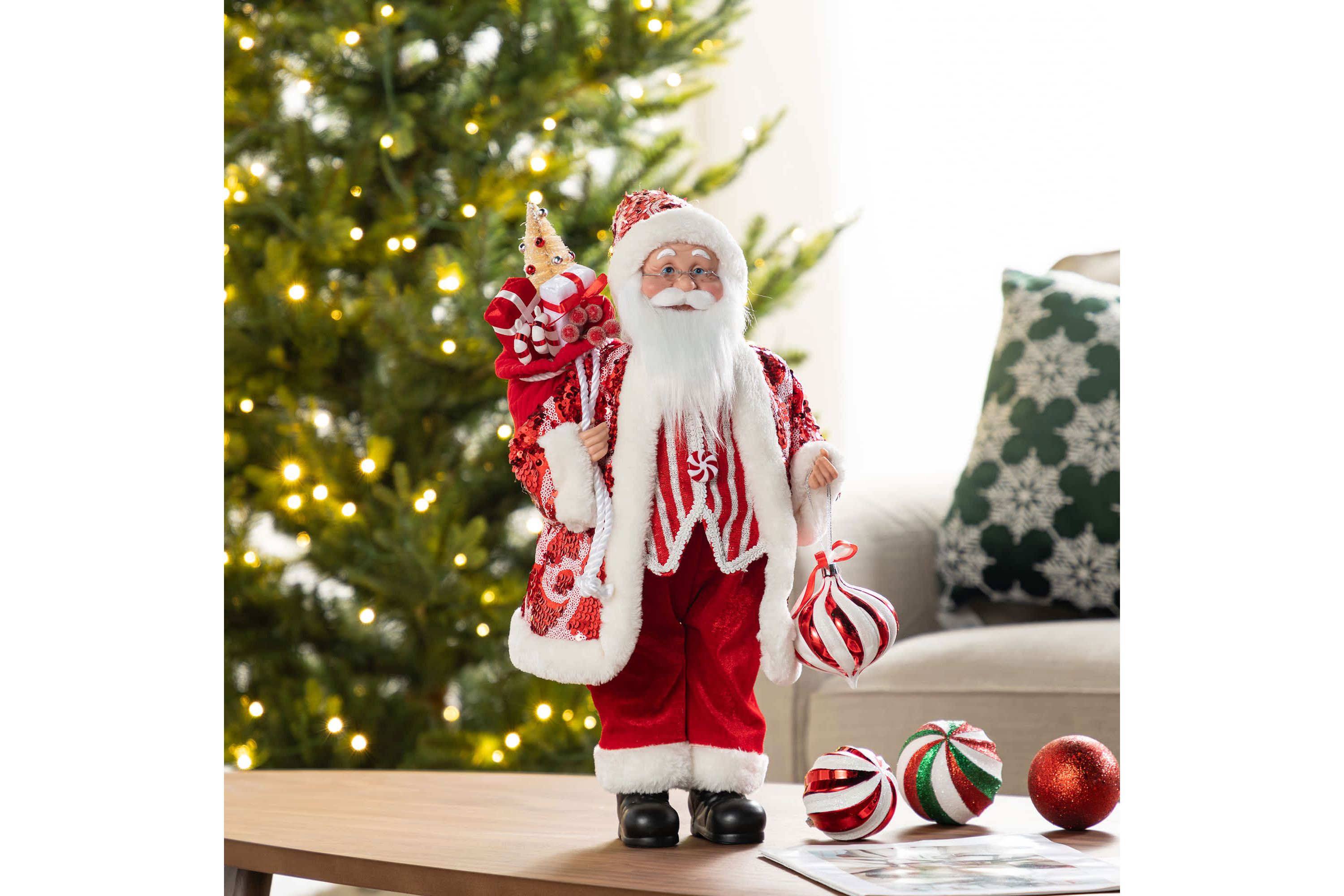 18"H Faux Fur Christmas Peppermint Santa Figurine