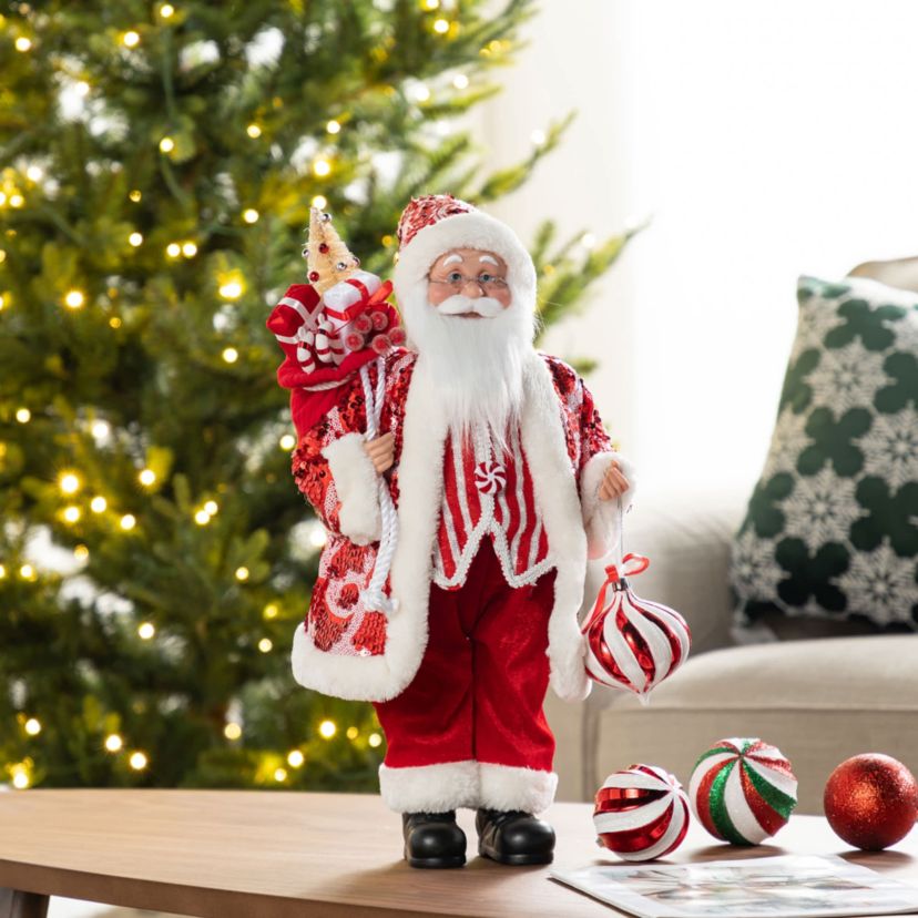 18"H Faux Fur Christmas Peppermint Santa Figurine