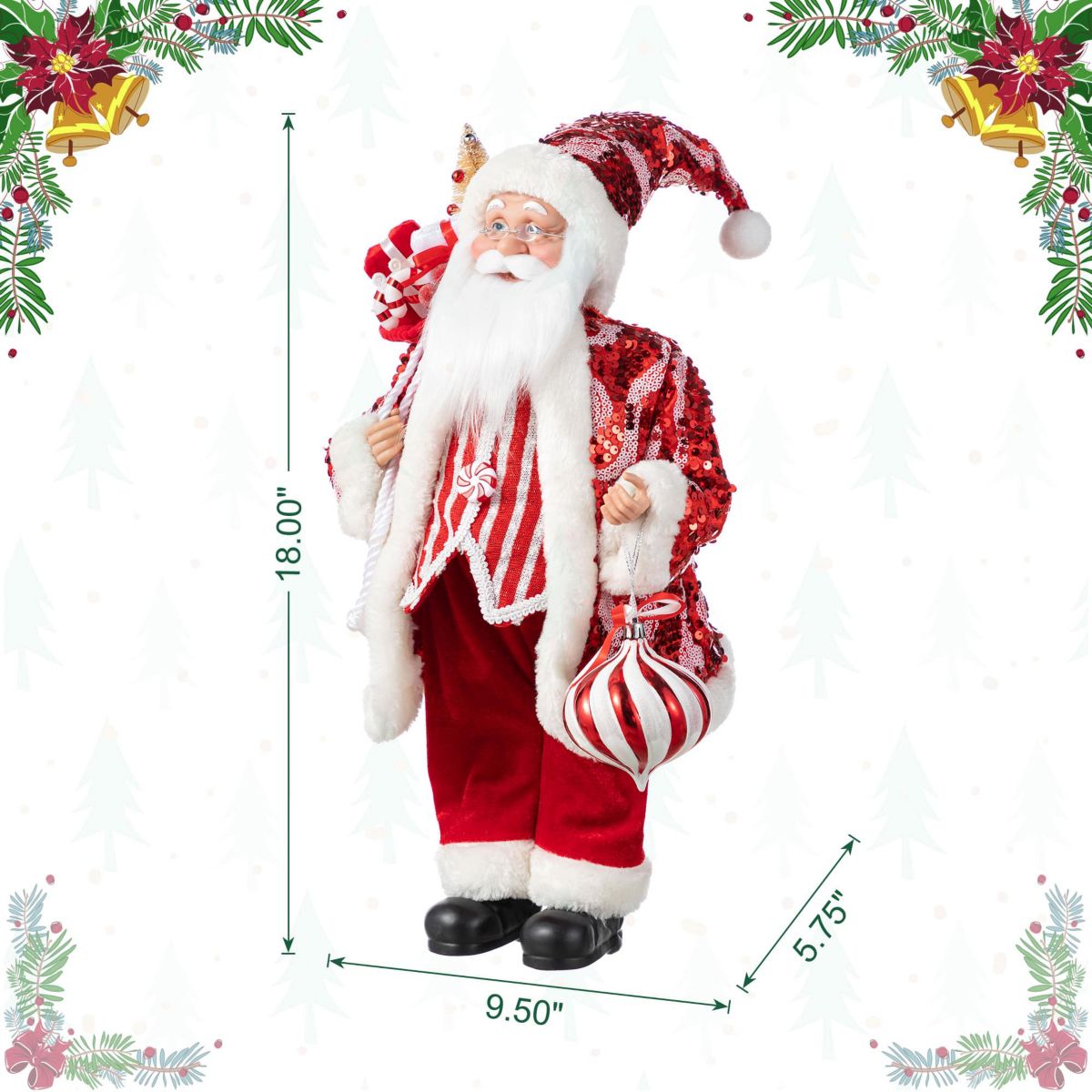 18"H Faux Fur Christmas Peppermint Santa Figurine