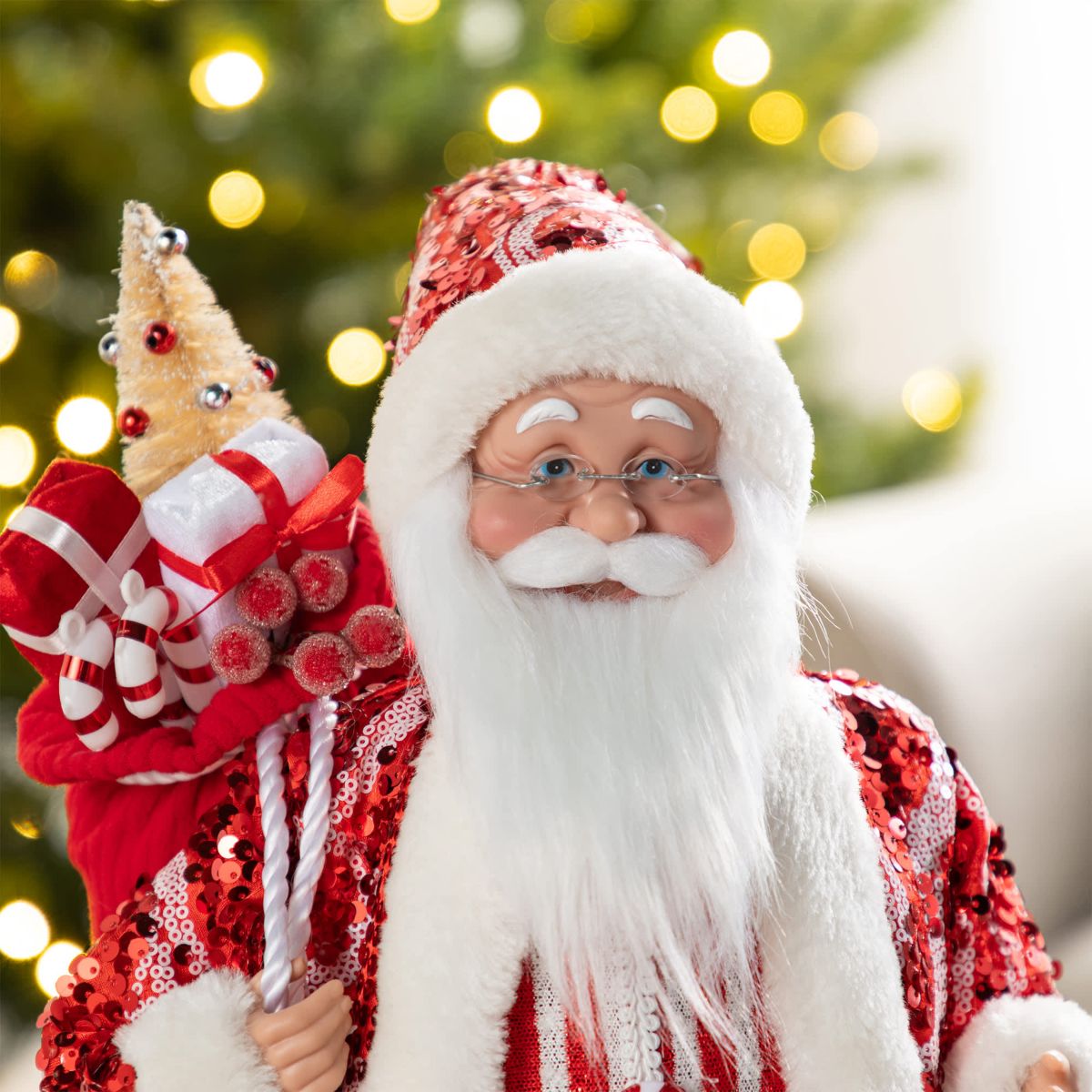 18"H Faux Fur Christmas Peppermint Santa Figurine