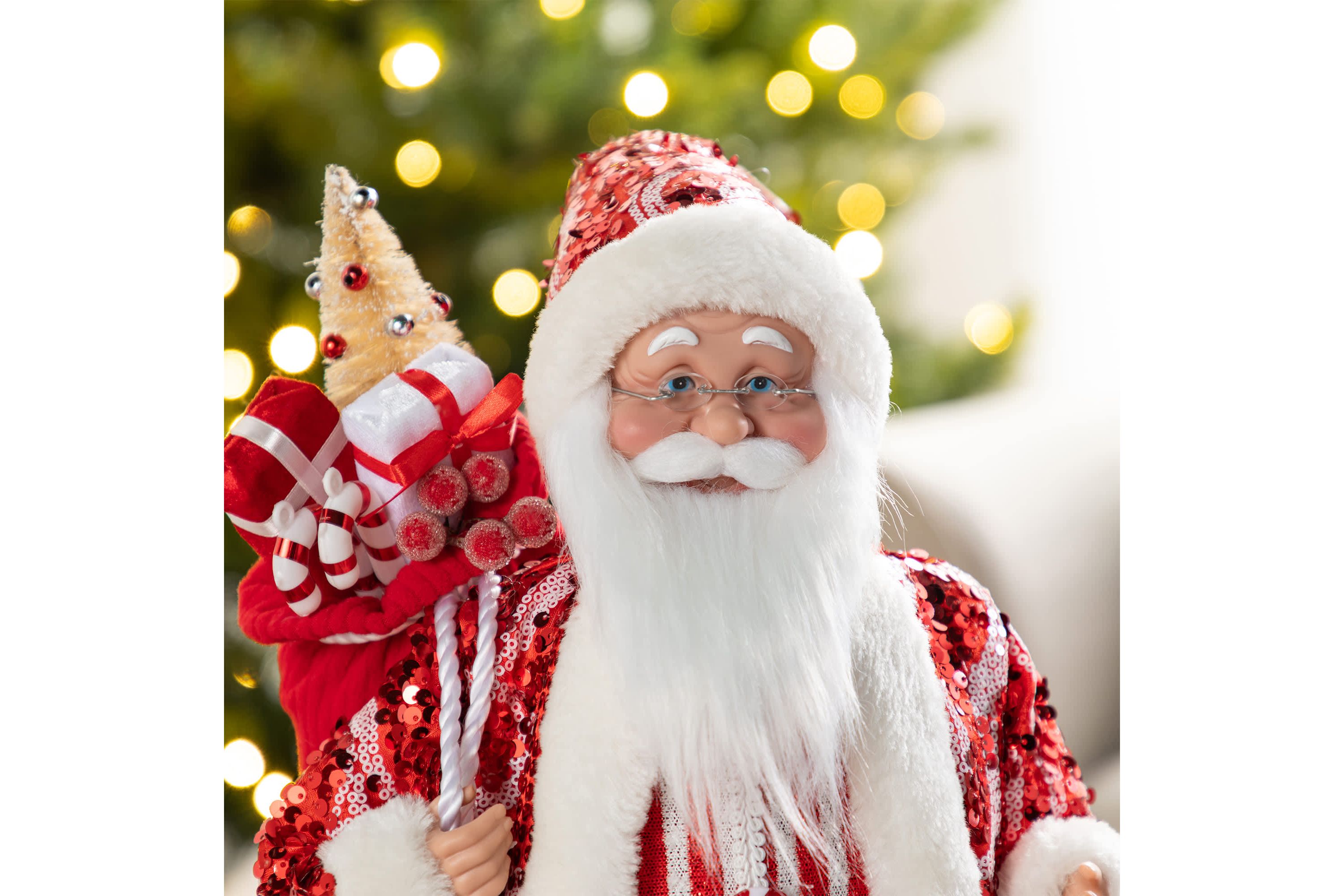18"H Faux Fur Christmas Peppermint Santa Figurine