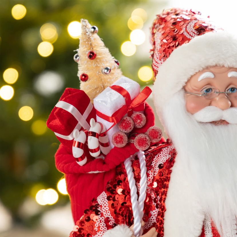 18"H Faux Fur Christmas Peppermint Santa Figurine