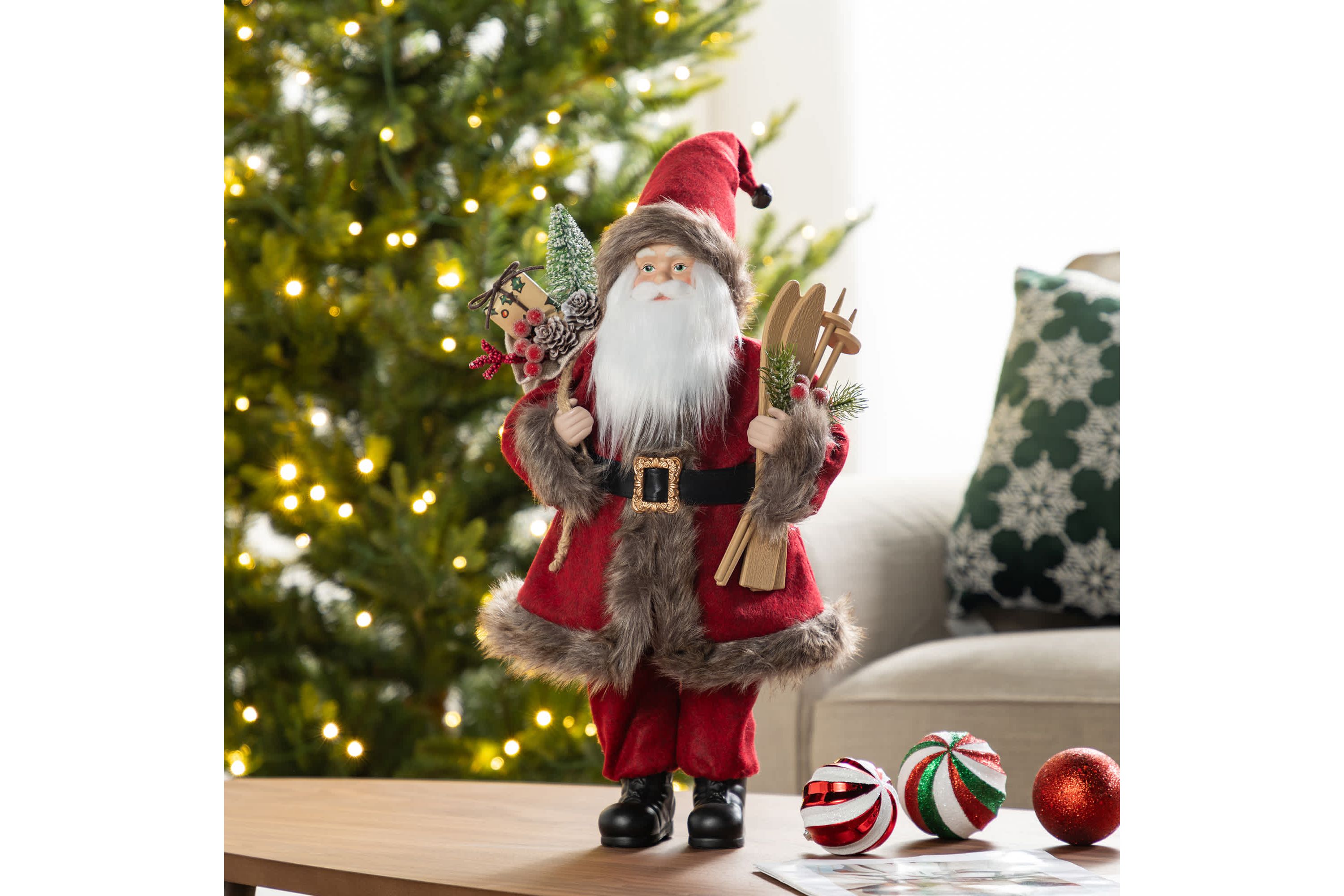 18"H Faux Fur Christmas Woodland Santa Figurine with Porcelain Face