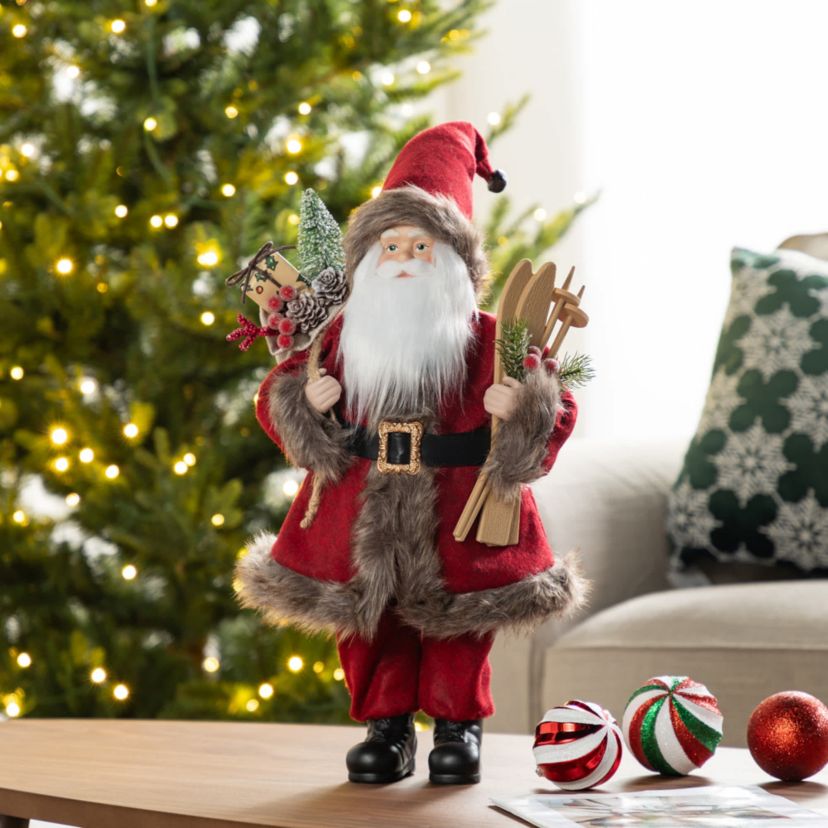 18"H Faux Fur Christmas Woodland Santa Figurine with Porcelain Face